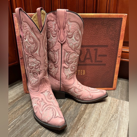 Corral Pink Western Cowboy Boots G1087 Rodeo Barbie Floral Wedding Rare 7.5 - Picture 3 of 9